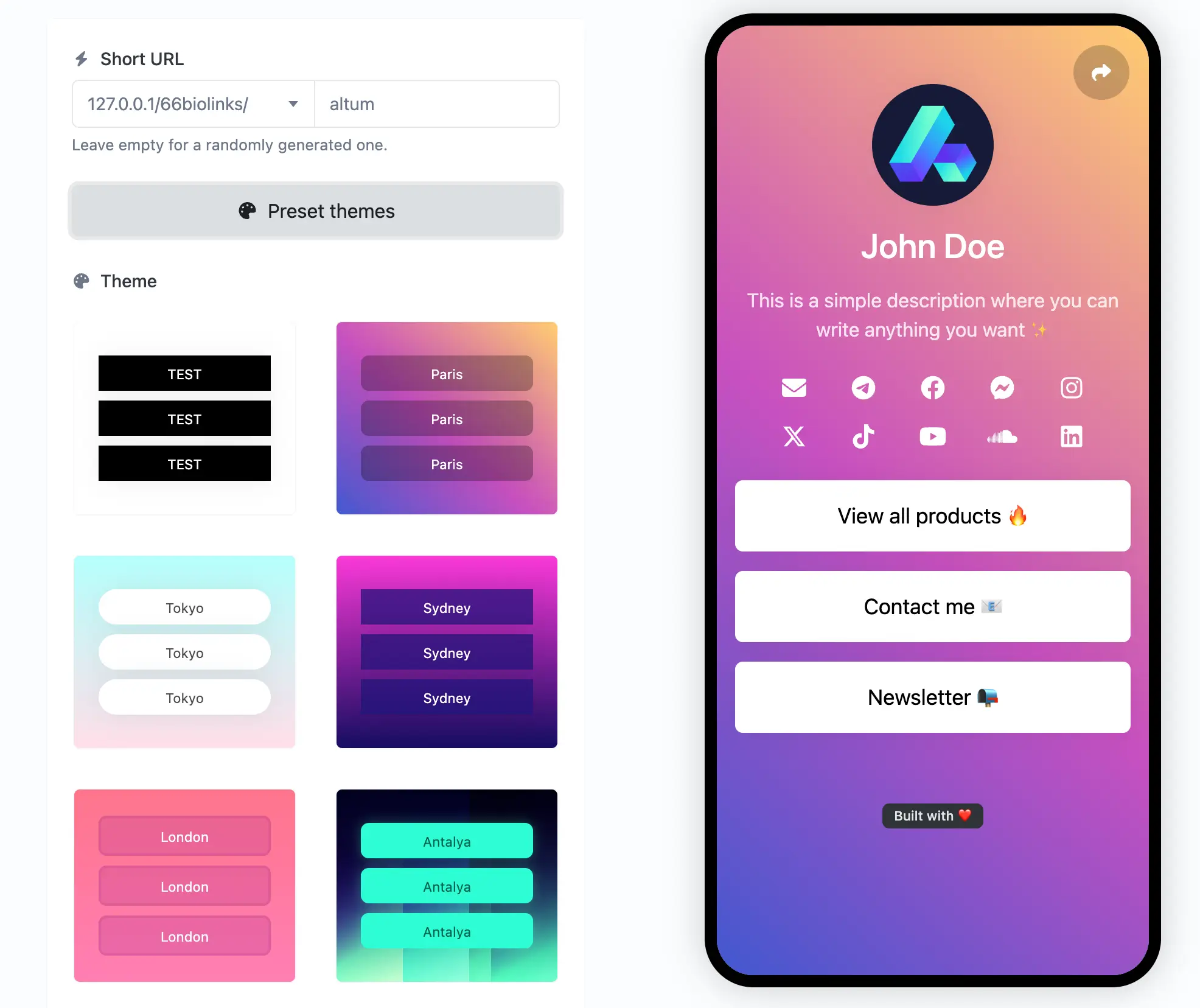 Schermafbeelding van de bewerkingspagina van de app biolink