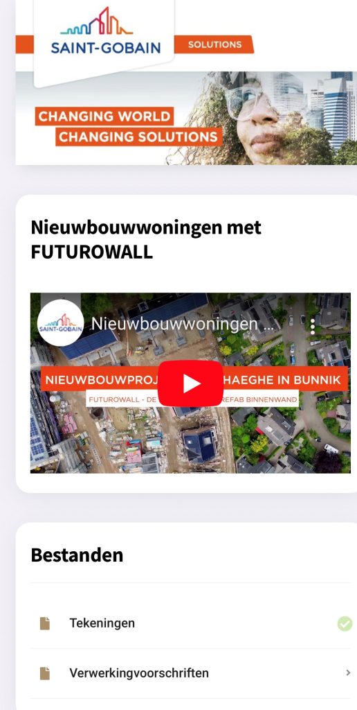 Voorbeeld van een productpagina van Saint-Gobain (gipsplaten etc.)